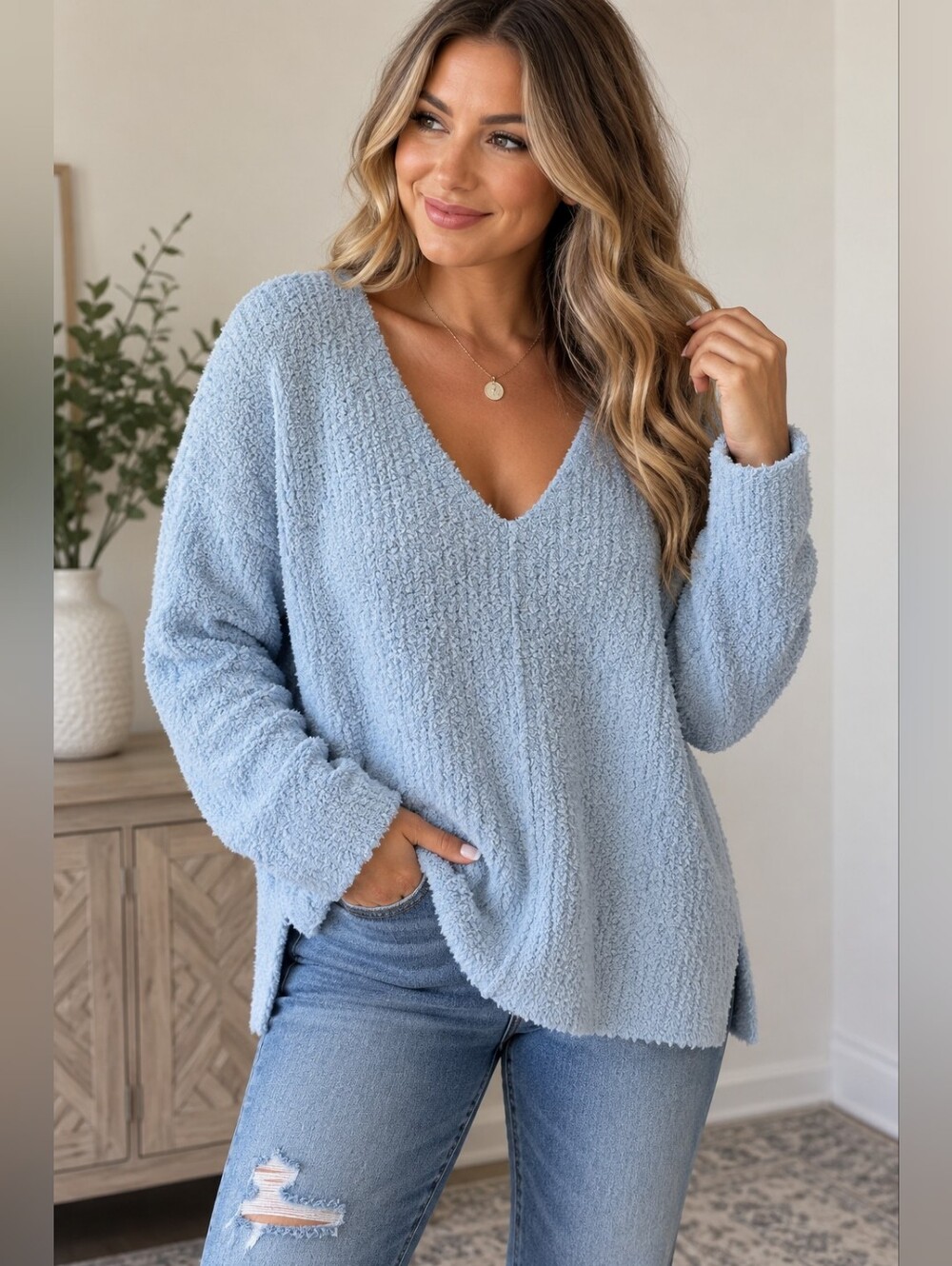 Cupcakes & Cashmere Light Blue Fuzzy V-Neck Cozy Sweater Women’s Medium